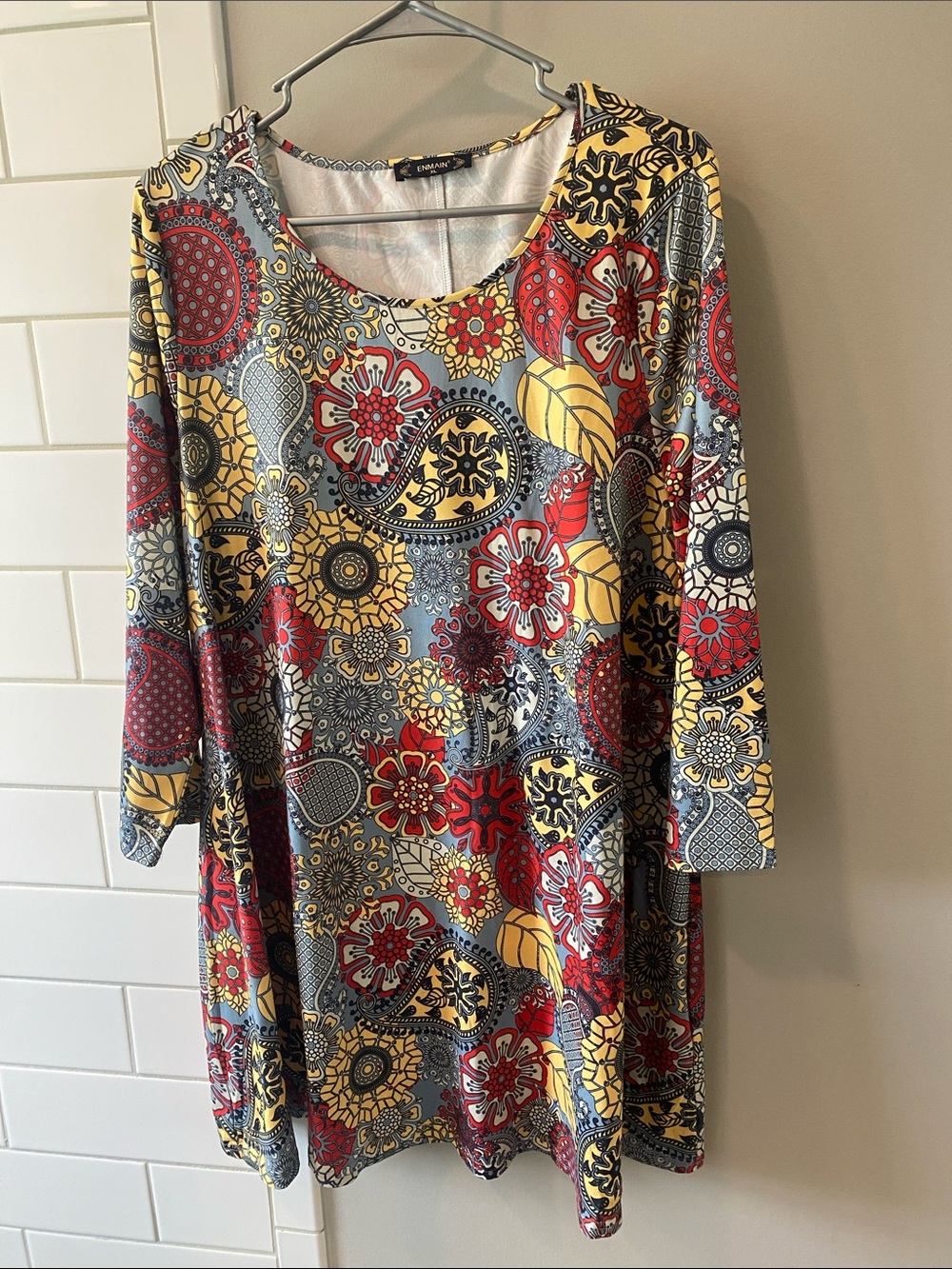 Vibrant Floral Paisley Tunic — Red, Yellow & Gray